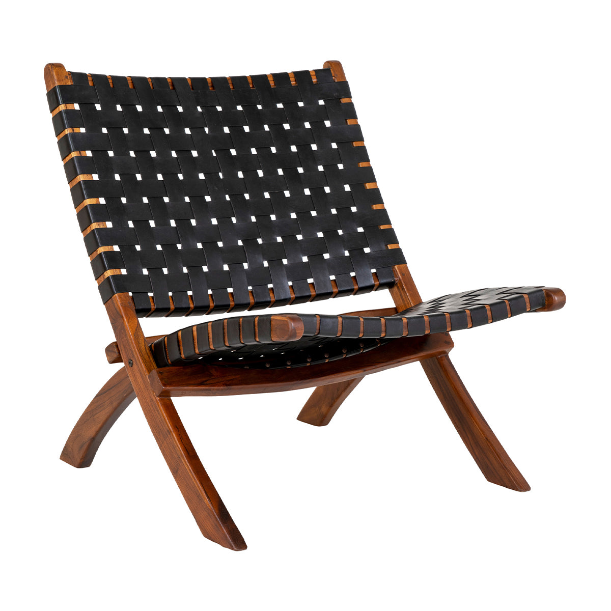 Stijlvolle stoel met donkerbruine houten poten en zwart leren geweven zitting, elegant en modern design.