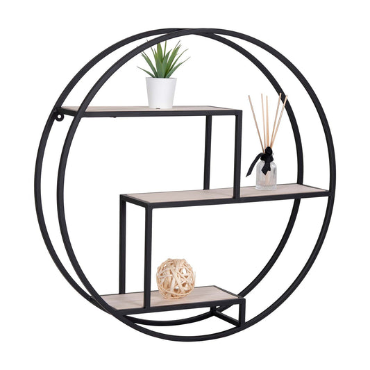 Ronde zwarte wandplank met drie niveaus, decoratief met plant, geurverspreider en houten bol.