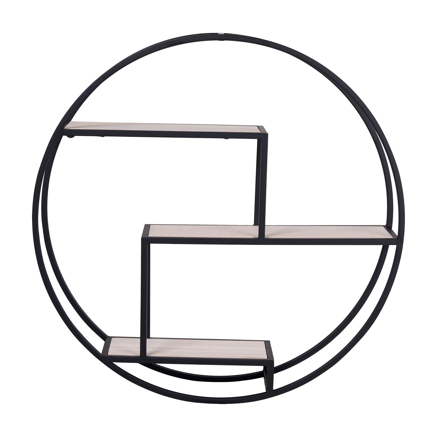 Rond metalen wandrek met witte planken en zwart frame, minimalistisch en industrieel vormgegeven.