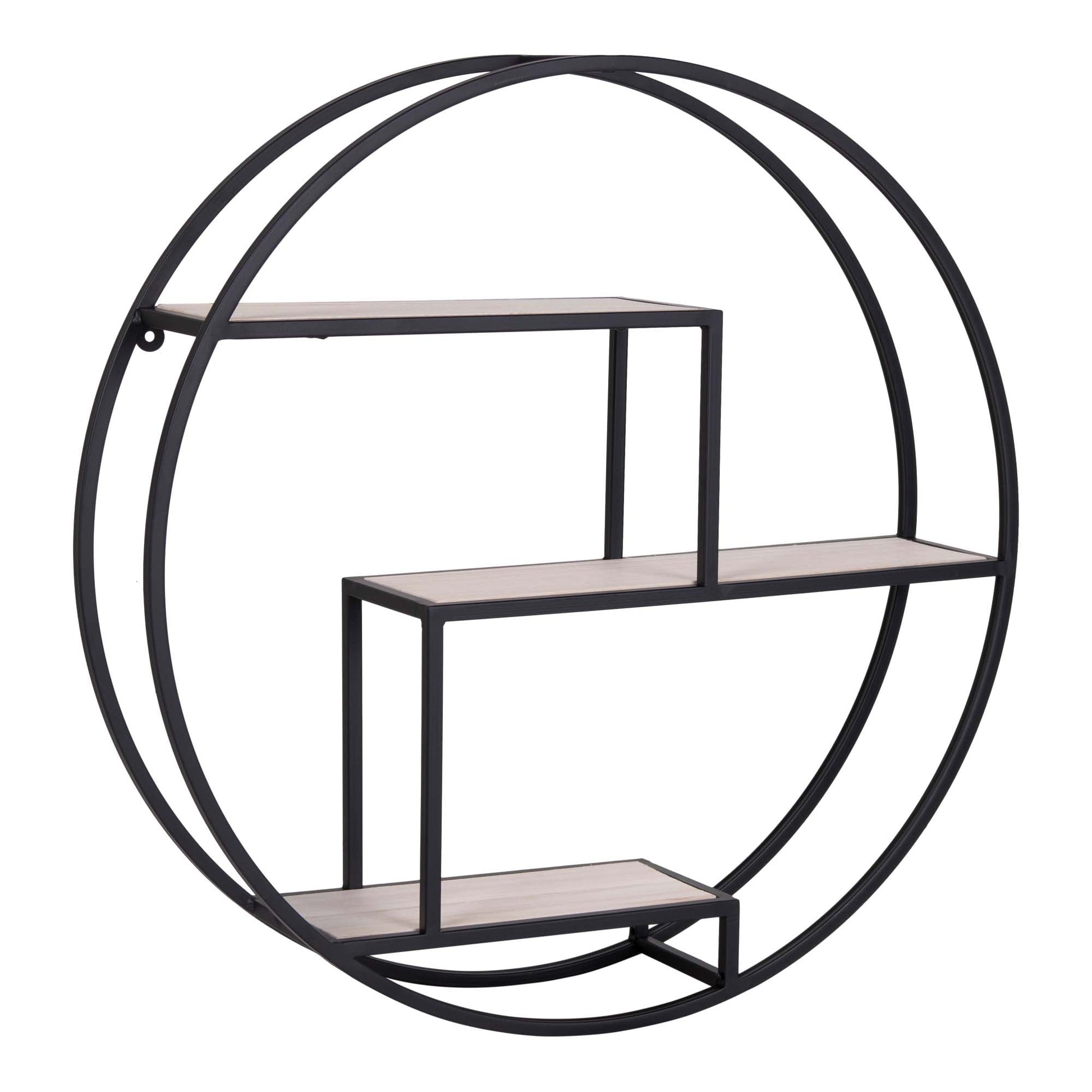 Zwarte ronde wandplank met drie houten leggers, strak en modern design voor stijlvolle inrichting.
