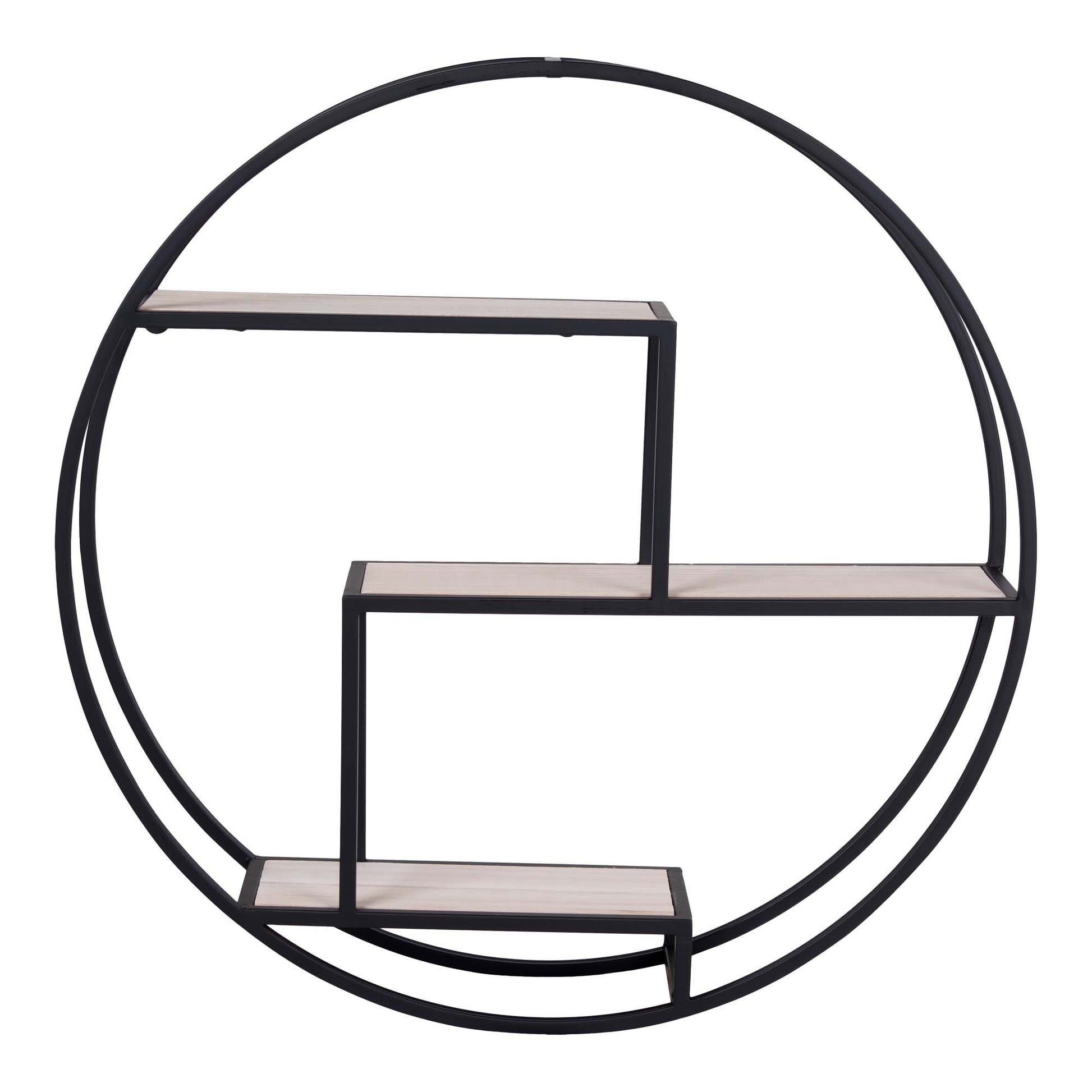 Ronde wandplank van zwart metaal met drie niveaus van houten planken, modern en minimalistisch ontwerp.