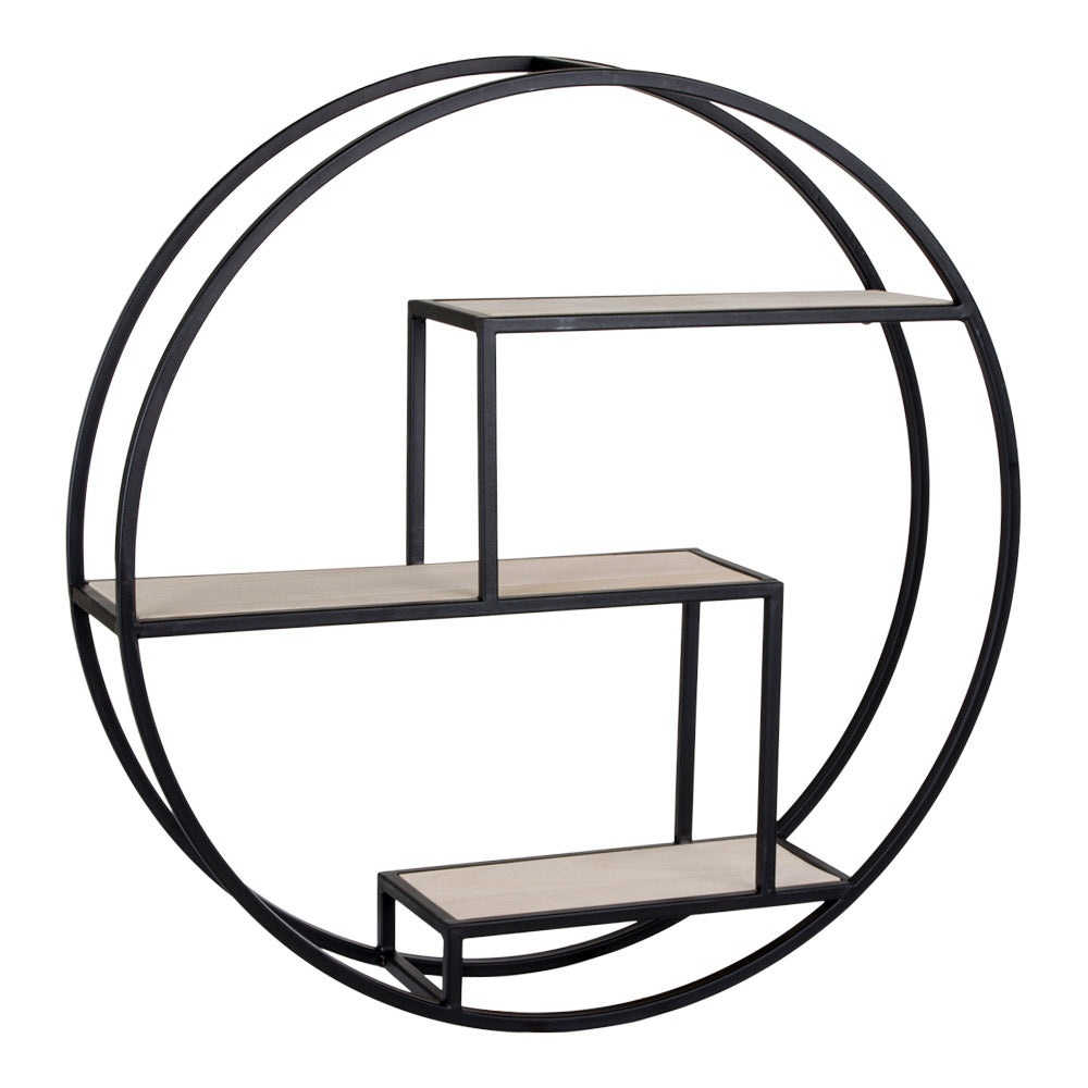 Ronde metalen wandplank met drie houten leggers in modern design, ideaal voor decoratieve accessoires.