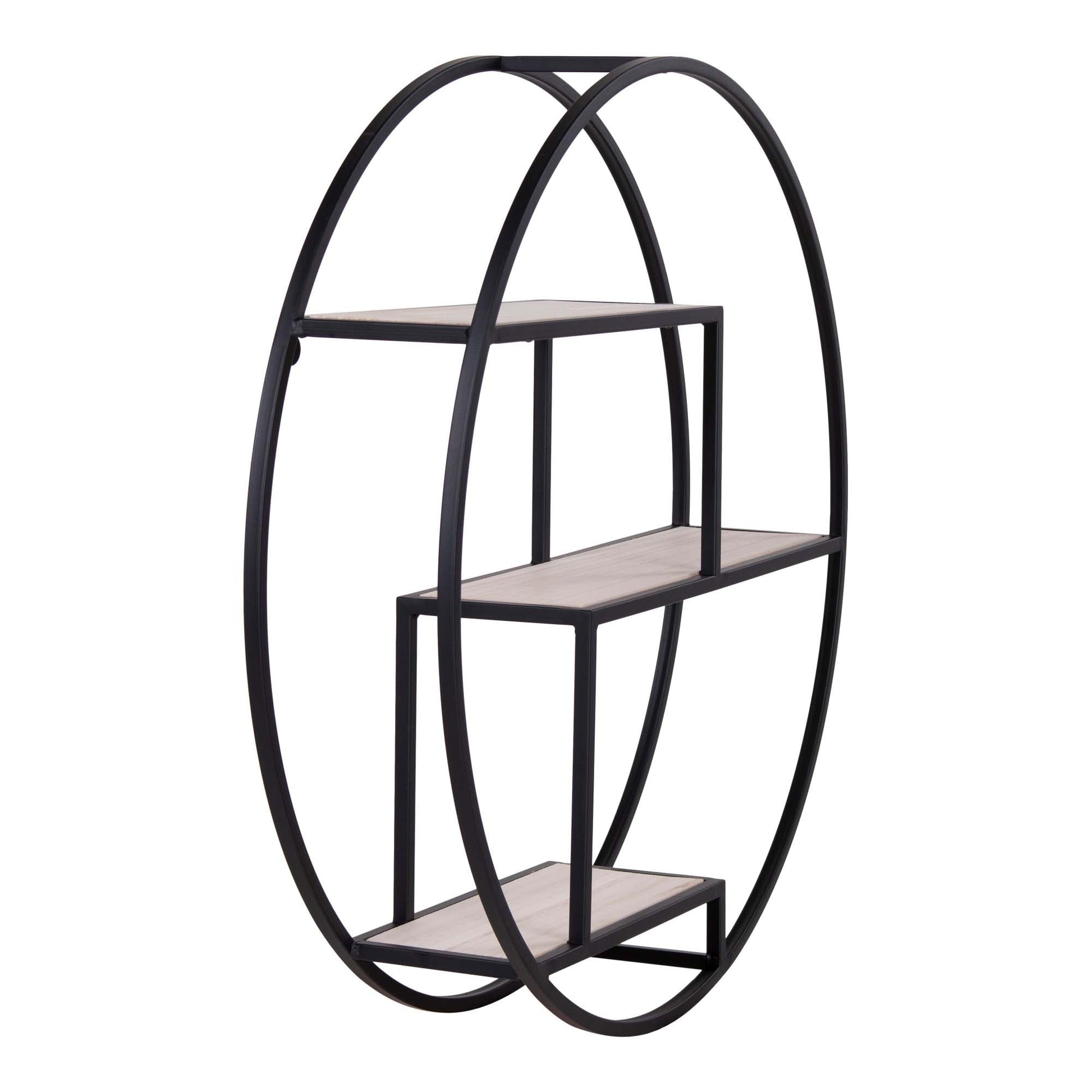 Ovale zwarte metalen wandplank met drie houten leggers, minimalistisch design.