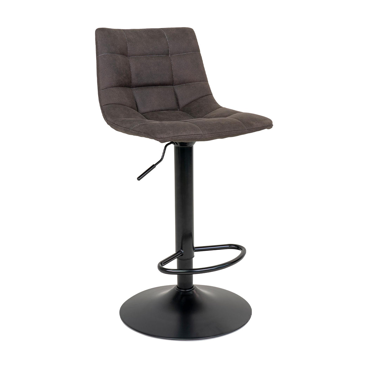 Donkerbruine, stoffen barstoel met zwart metalen frame en voetsteun, verstelbaar met hendel aan de zijkant.