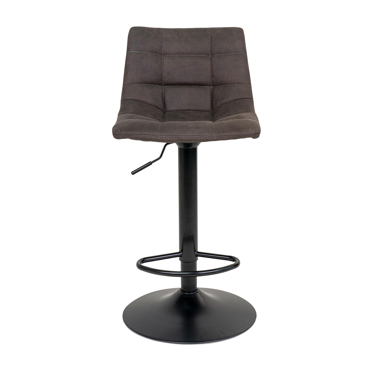 Grijze gestoffeerde barkruk met verstelbare zwarte metalen voet en ronde voetsteun, modern en stijlvol ontwerp.
