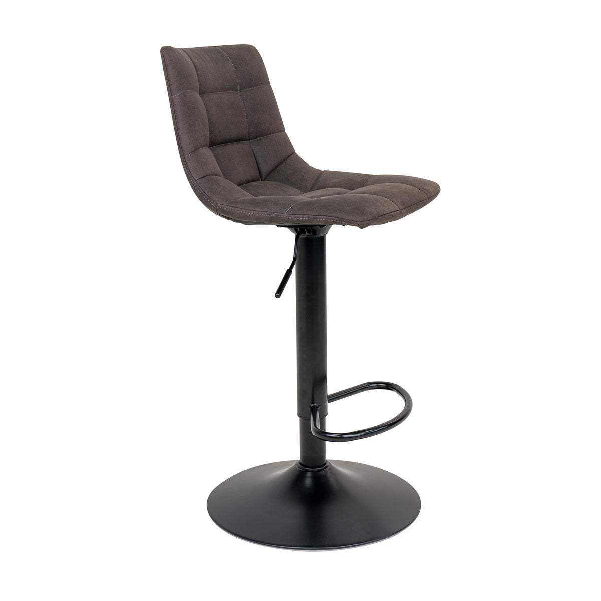 Grijze verstelbare barkruk met zwart metalen voet en voetsteun, gestoffeerde zitting met ruitpatroon.