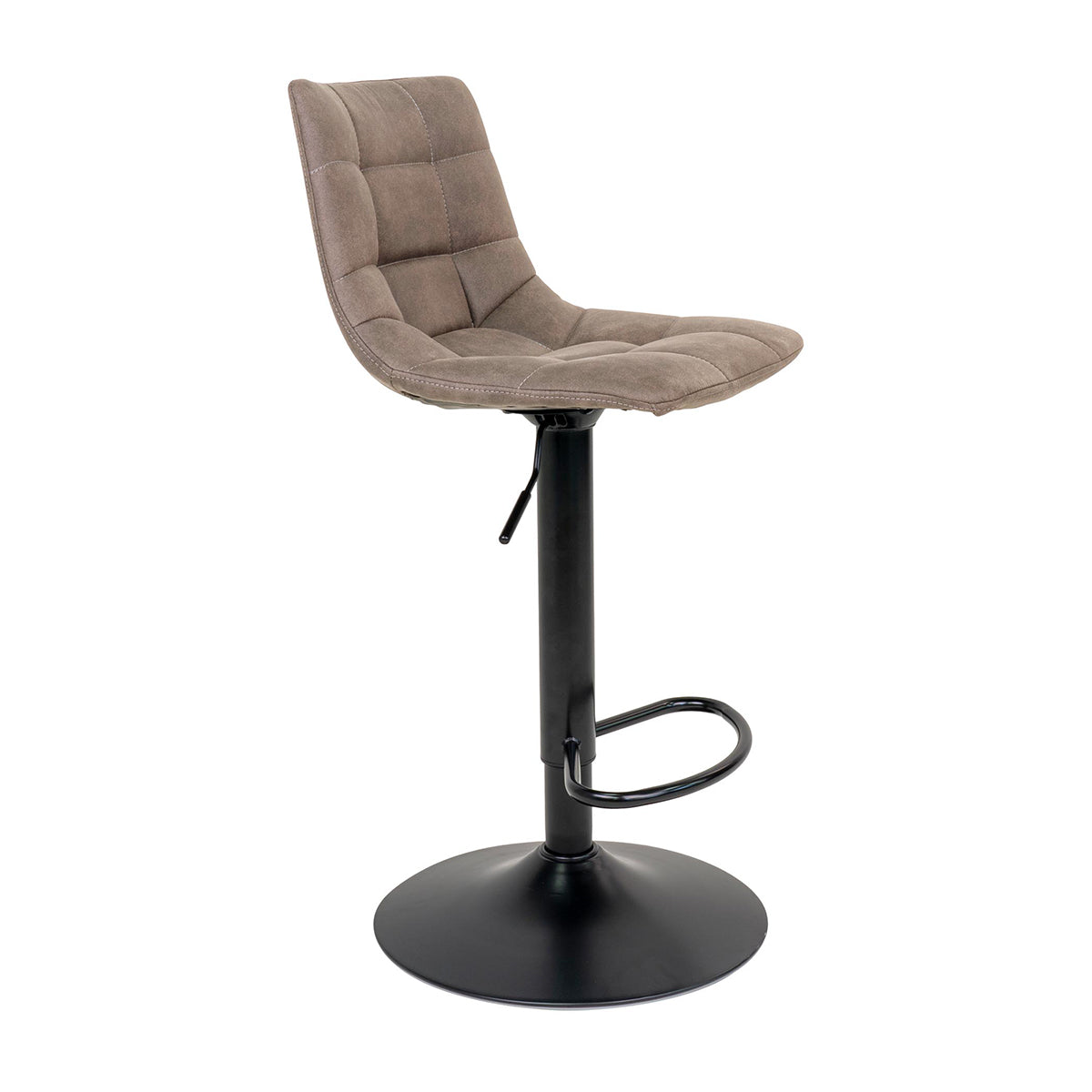 Moderne barkruk met bruin stoffen kussenzitting en zwarte, verstelbare metalen voet met voetsteun.