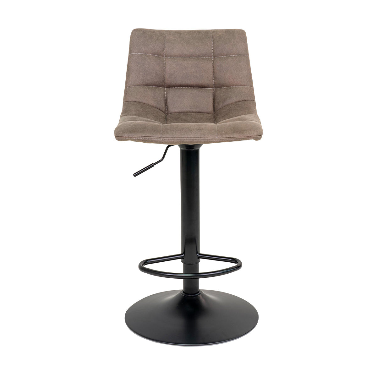 Grijze barkruk met vierkante bekleding, ronde voetsteun en zwart metalen basis. Rustieke en moderne uitstraling.