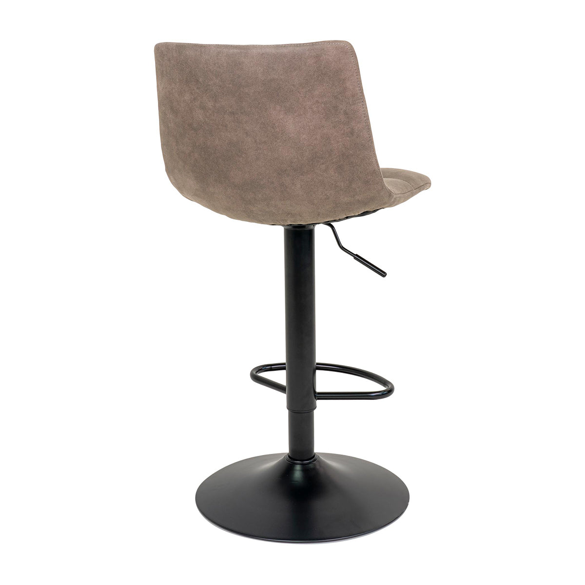 Bruine barkruk met stoffen bekleding en verstelbare zwarte metalen voetsteun, achteraanzicht.