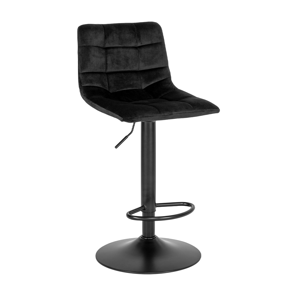 Zwarte fluwelen verstelbare barkruk met moderne metalen voet en vierkant gestikt patroon op de zitting.