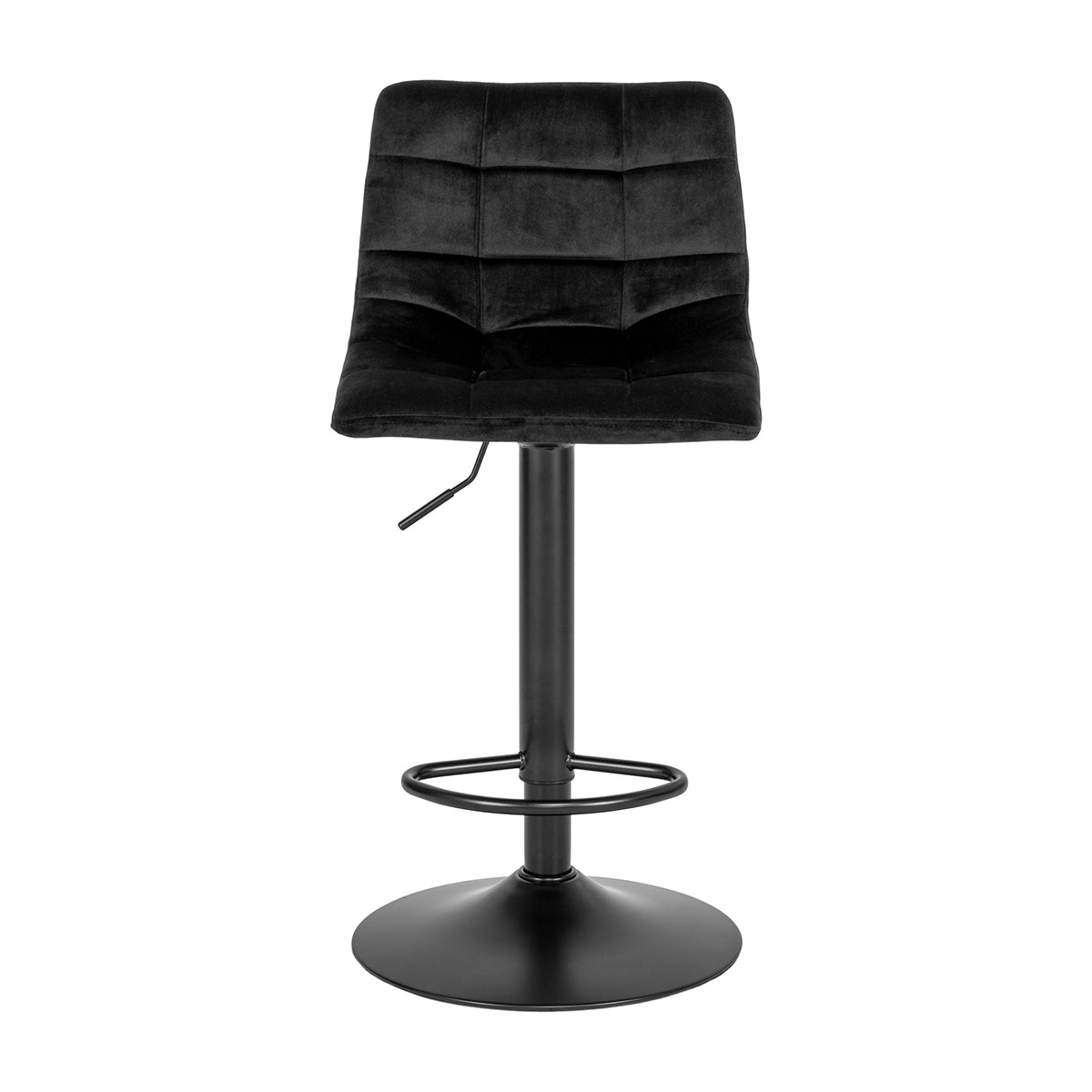 Zwarte barkruk met gestoffeerde zitting en rugleuning, verstelbare hoogte en stevige metalen voet.