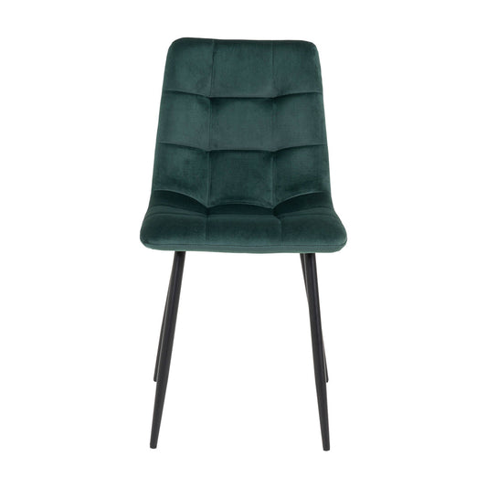 Diepgroene fluwelen stoel met gewatteerde rugleuning en slanke zwarte poten, minimalistisch en stijlvol ontwerp.
