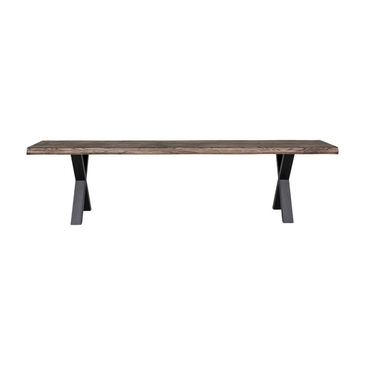 Rustiek houten tafel met een donkere houten blad en zwarte metalen kruisvormige poten, strak en modern design.