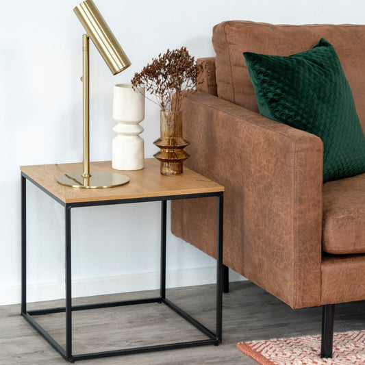 Bruine leren bank met groen kussen, bijzettafel met gouden lamp, witte vaas en gedroogde bloemen.