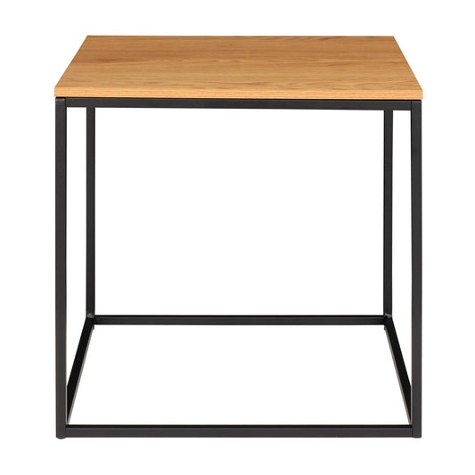 Minimalistische bijzettafel met een natuurlijk houten blad en een strak zwart metalen frame, modern design.