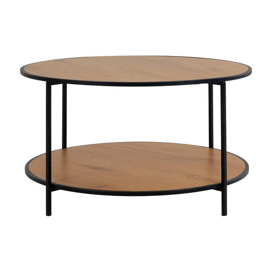 Ronde salontafel met twee houten bladen en zwart metalen frame, minimalistisch en modern ontwerp.