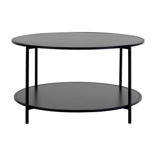 Ronde zwarte salontafel met twee niveaus en een minimalistisch metalen frame.
