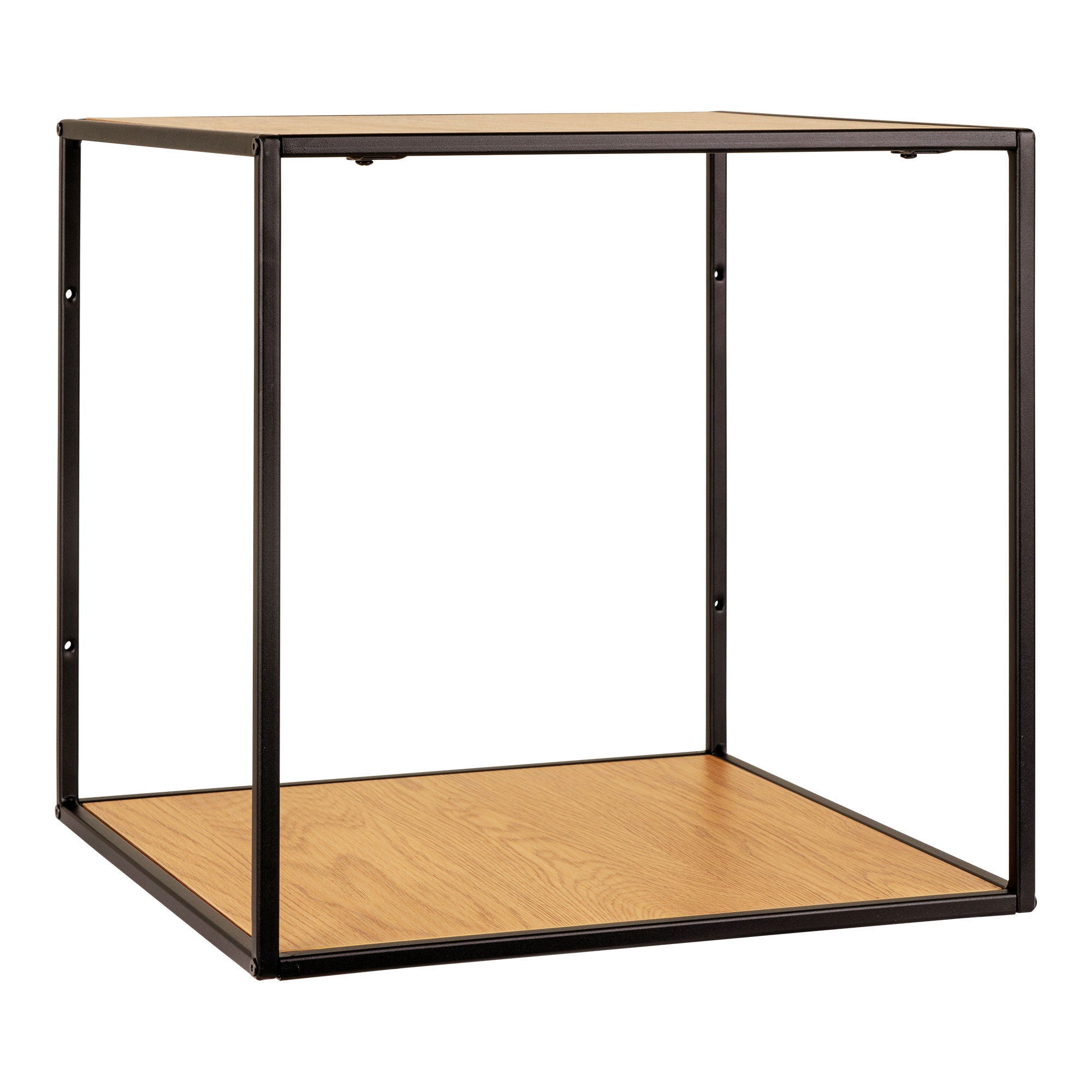 Leeg open vierkant matzwart stalen frame met houtlook plank van de House Nordic Vita wandplank in een schuine hoek