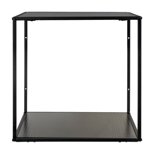 Minimalistisch, zwart metalen wandrek met open design, elegant en ruimtebesparend voor moderne interieurs.