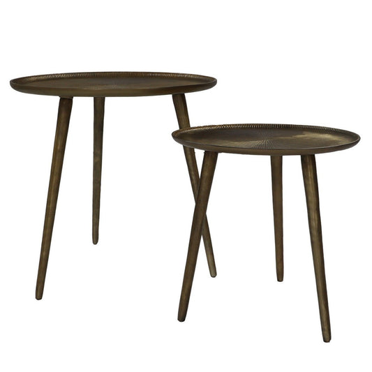 Twee vintage bronzen bijzettafels met ronde bladen en slanke poten, elegant en stijlvol ontwerp.