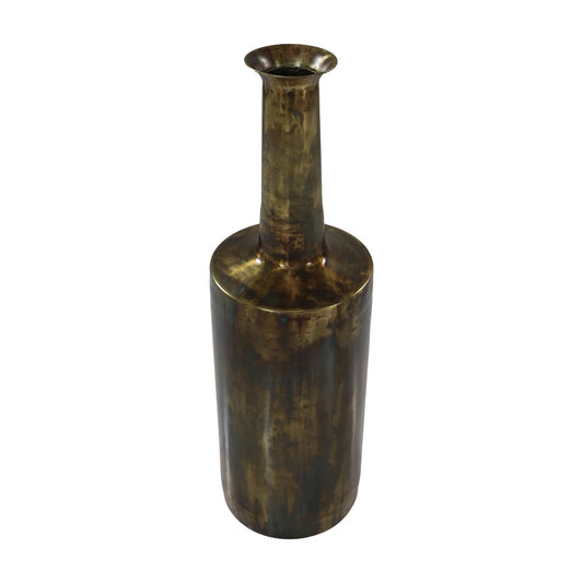 Antieke metalen vaas met lange hals en bruin gepatineerde afwerking, glanzend en vintage uitstraling.
