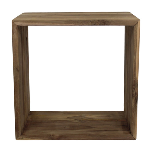 Houten vierkante boekenplank met natuurlijke houtnerf en een rustieke uitstraling.