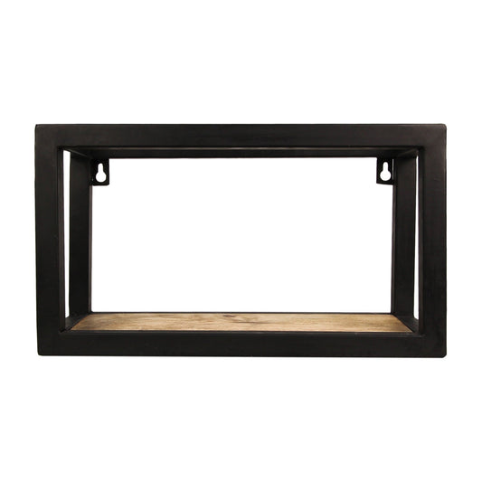 Rechthoekig zwart metalen wandrek met houten plank, geschikt voor moderne inrichting met industriële stijl.
