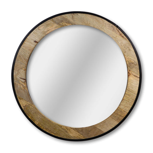 Ronde spiegel met brede houten lijst en subtiele zwarte rand, natuurlijke houtnerf zichtbaar.