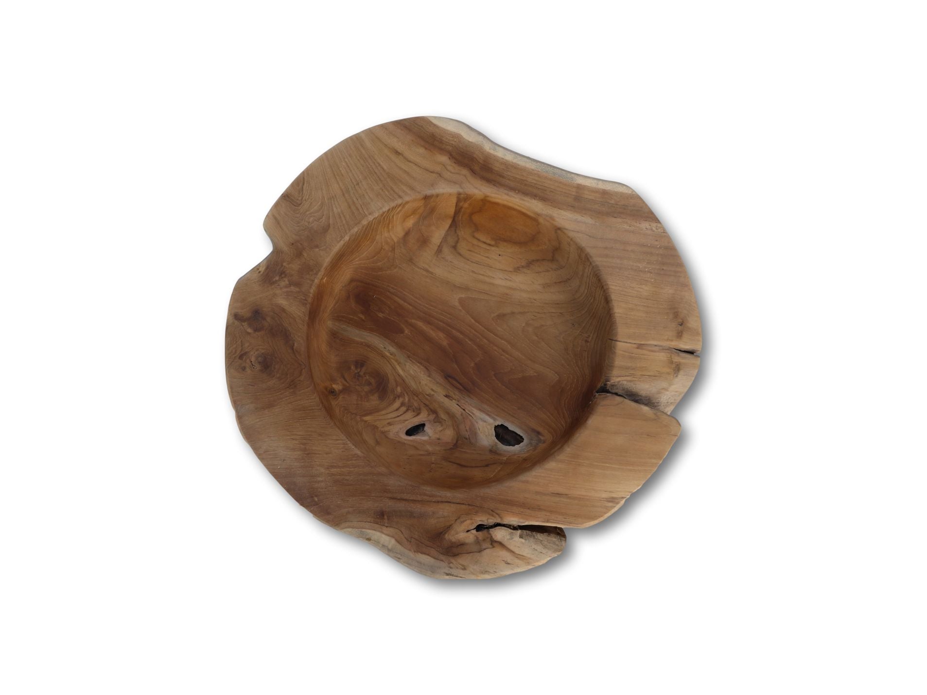 Ronde houten schaal met natuurlijke houtstructuur en karakteristieke nerven, rustiek en organisch gevormd.