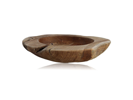 Houten kom met rustieke uitstraling en natuurlijke nerven, kunstig gevormd uit een enkele stuk hout.