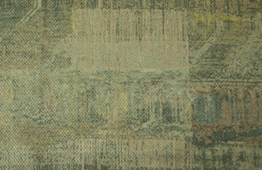 Gedetailleerd, groen en geel verweven textielpatroon met een vaag industryscape en geometrische vormen.