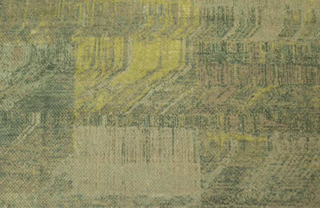 Abstracte stof in groene en gele tinten met een complex patroon van overlappende lijnen en texturen.