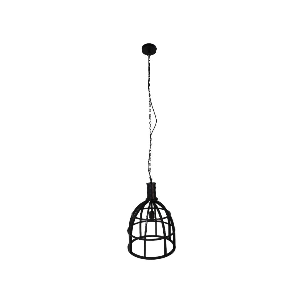 Zwarte hanglamp met opengewerkt industrieel design en kettingophanging, tegen een witte achtergrond.