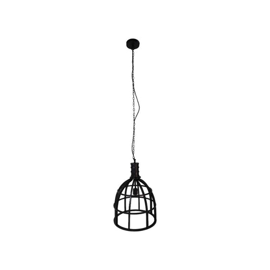 Zwarte hanglamp met opengewerkt industrieel design en kettingophanging, tegen een witte achtergrond.