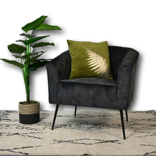 Stijlvolle zwarte fauteuil met groen kussen met varenmotief naast groene plant op beige vloerkleed.