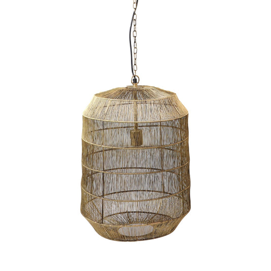 Grote hanglamp gemaakt van fijn gevlochten rotan, met een rustieke uitstraling en metalen ketting.