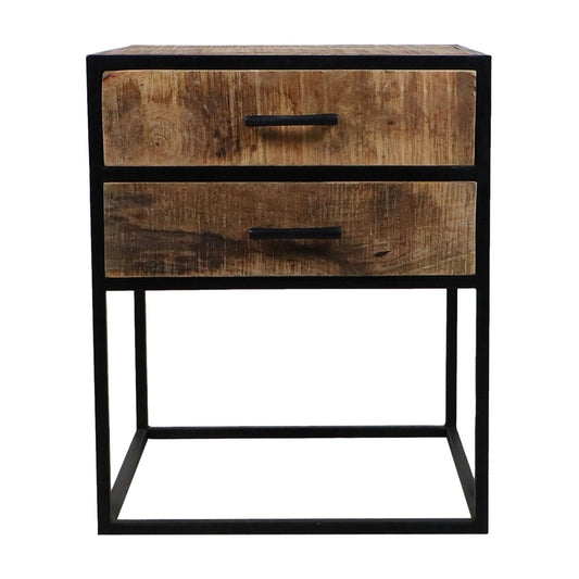 Rustieke houten nachtkast met twee laden en zwart metalen frame, industrieel ontwerp.