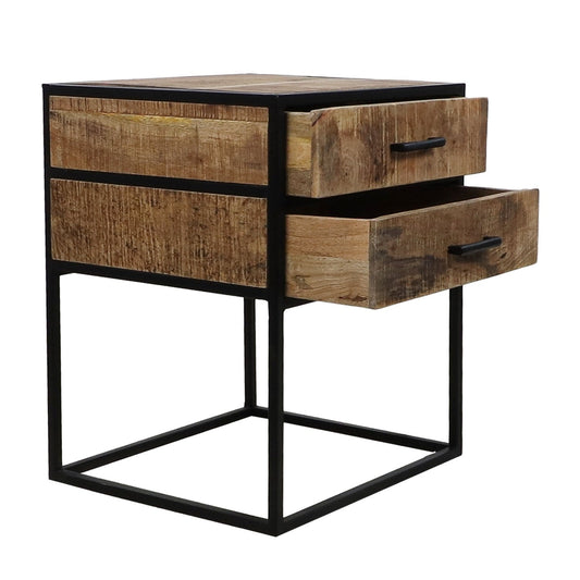 Robuuste bijzettafel met zwart stalen frame, twee geopende houten lades met zwarte handgrepen.