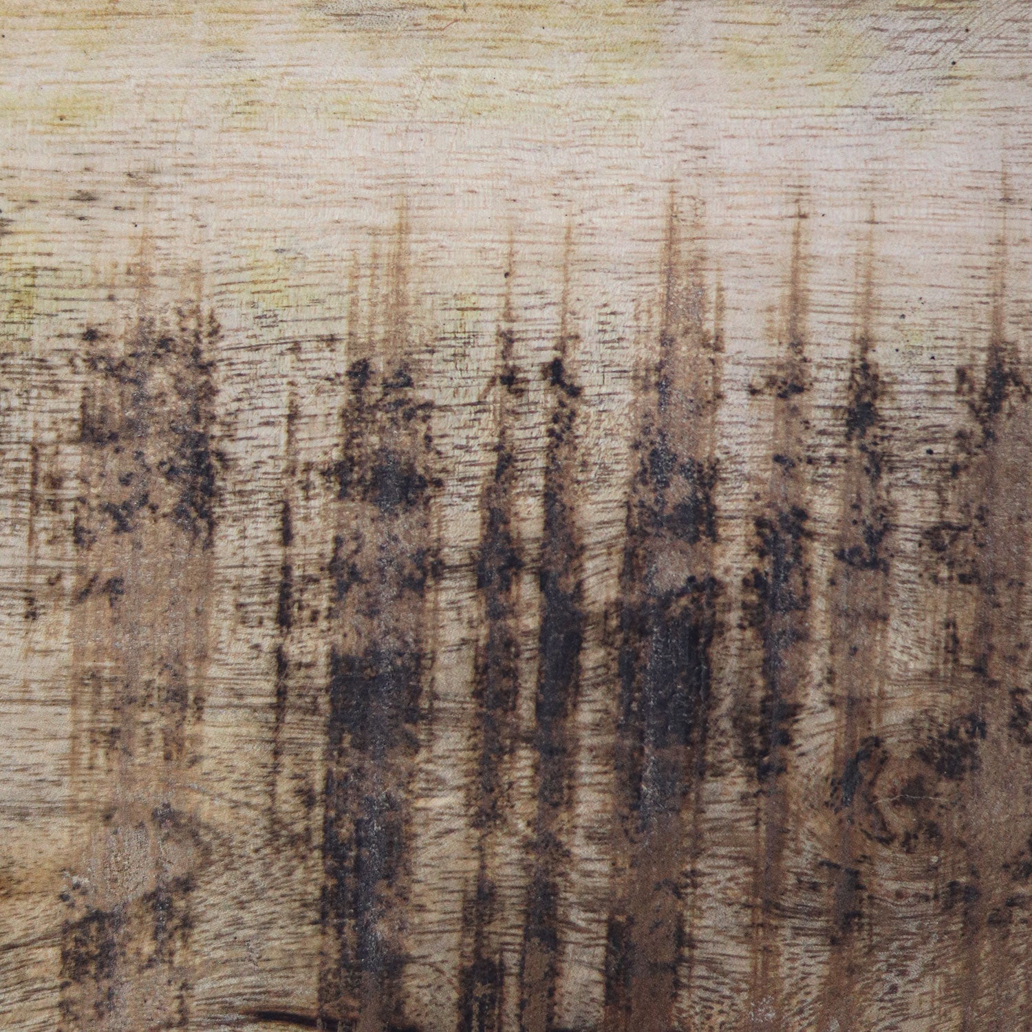 Verweerd houten oppervlak met donkere, verticale strepen en vlekken, ruwe textuur zichtbaar.