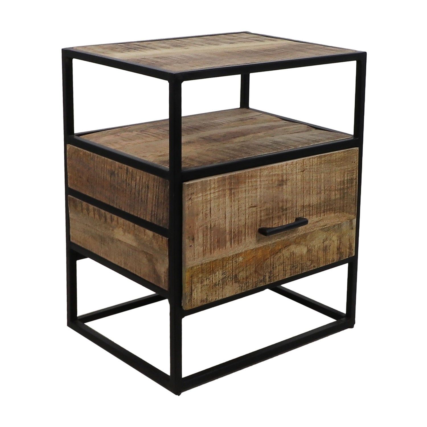 Industriële houten bijzettafel met metalen frame, open rek en lade, met een natuurlijke rustieke afwerking.
