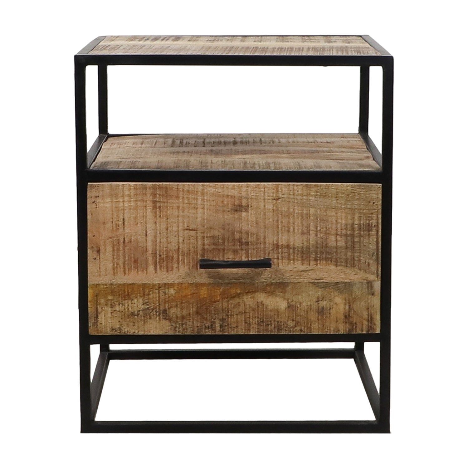 Industriële houten nachtkast met metalen frame en lade, natuurlijke bruin textuur en matzwarte details.