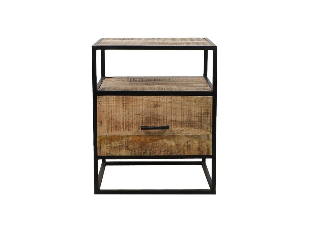 Houten bijzettafel met industrieel zwart metalen frame en een lade met ruwe houtafwerking.