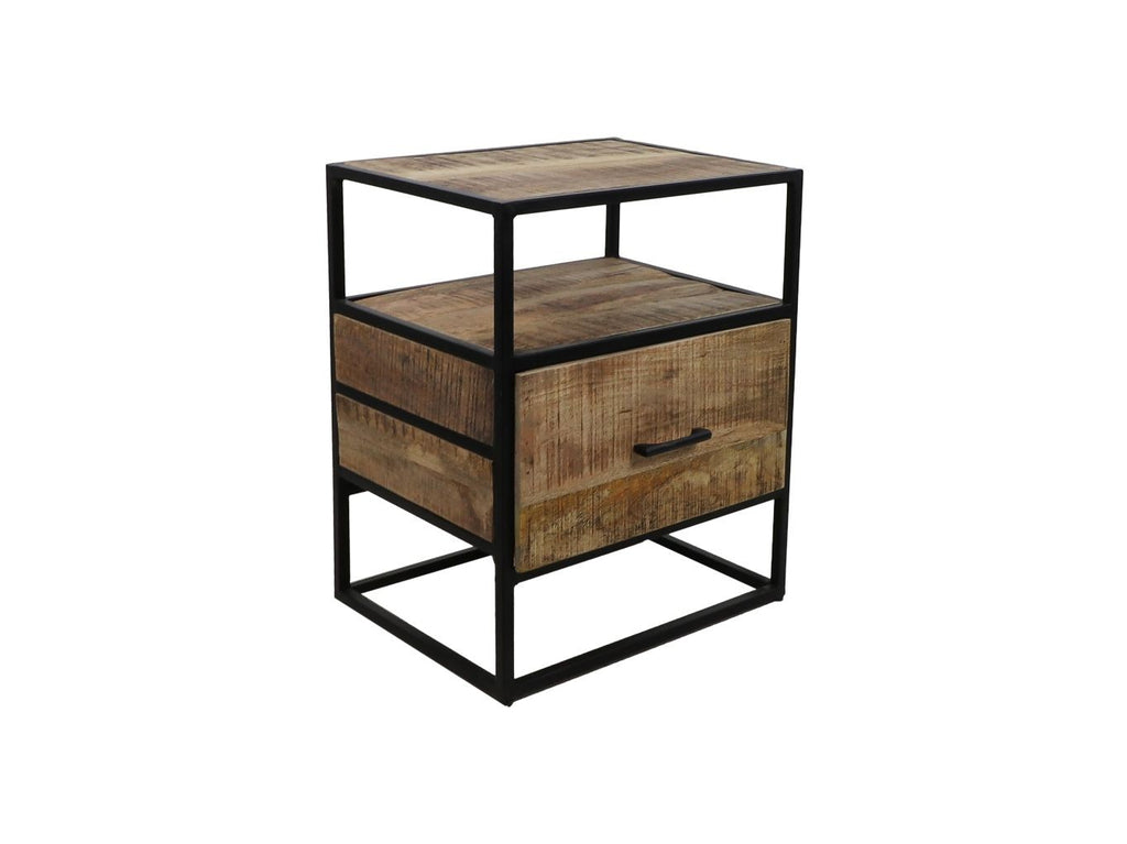 Robuust nachtkastje van mangohout met metalen frame, open plank en lade met zwarte handgreep.