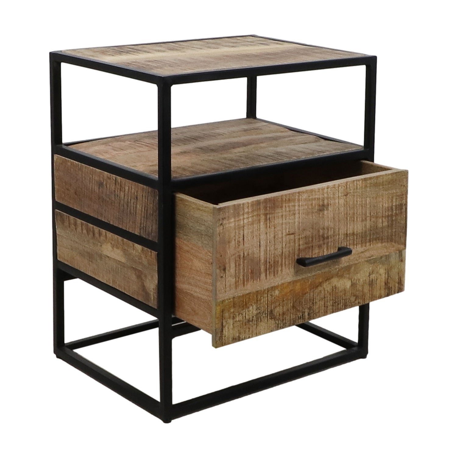 Industriële nachtkast van hout en metaal met open vak, plank en een enkele lade deels geopend.