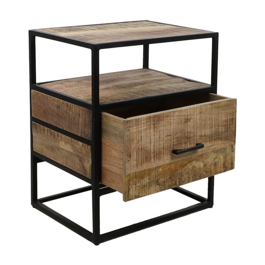 Industriële nachtkast van hout en metaal met open vak, plank en een enkele lade deels geopend.