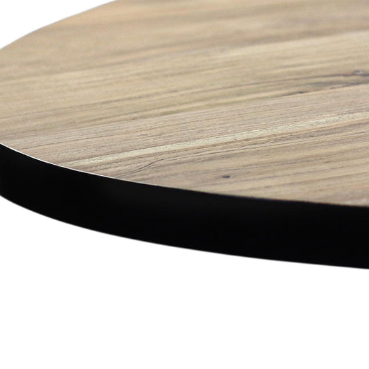 Rond houten tafelblad met donkere rand, subtiele houtnerven in een lichte, natuurlijke afwerking.