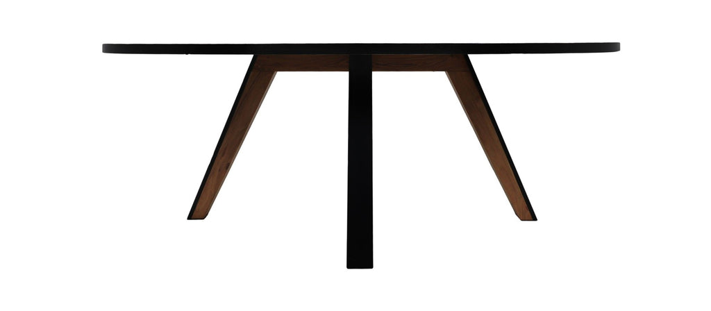 Ronde houten tafel met zwarte poten en een slank, modern ontwerp tegen een witte achtergrond.