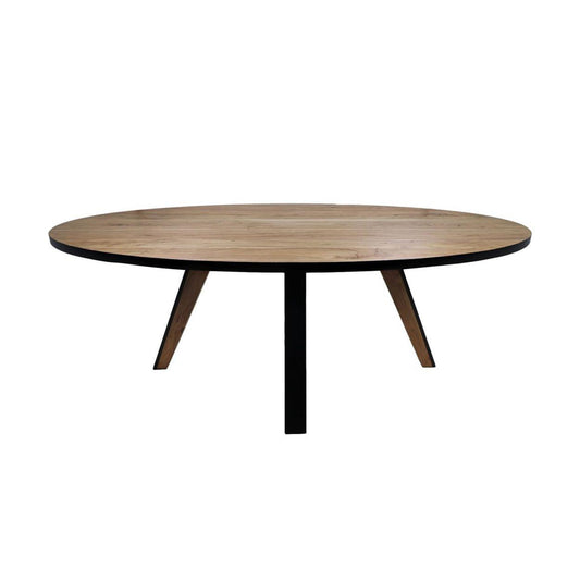 Ronde houten salontafel met zwart metalen poten, modern design tegen een witte achtergrond.