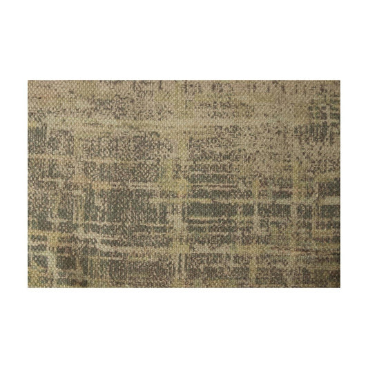 Beige en groengrijze geweven stof met subtiel abstract ruitpatroon in een rustieke en natuurlijke textuur.