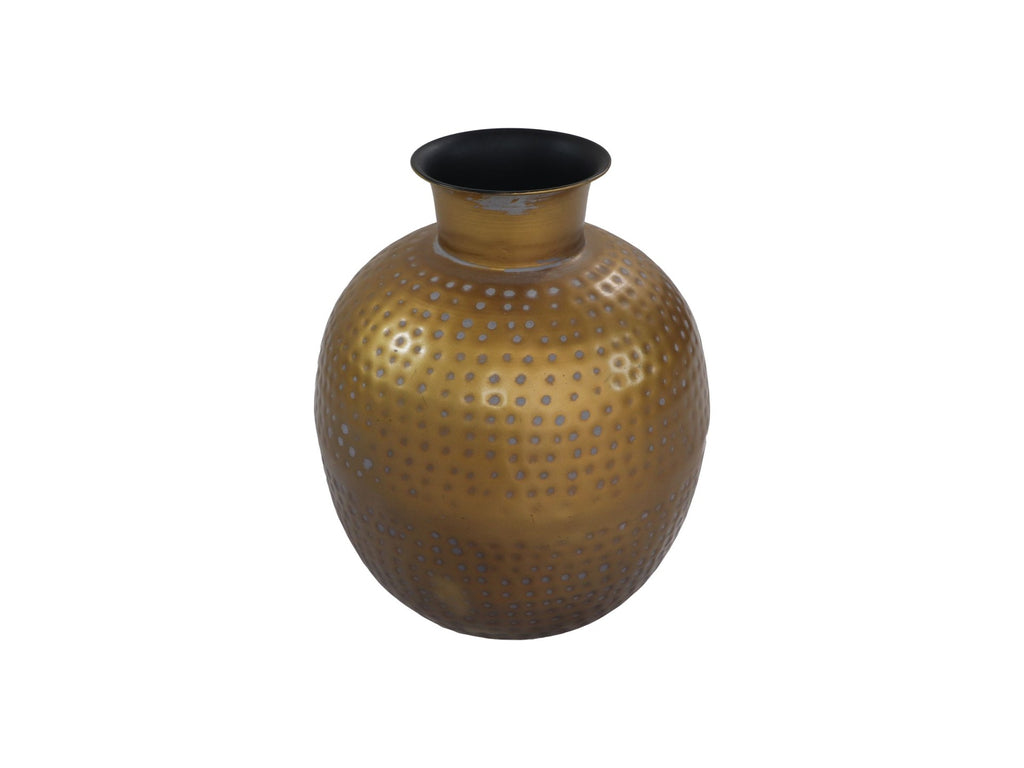 Gouden vaas met gehamerde textuur en smalle opening, glanzend oppervlak met stippenpatroon.